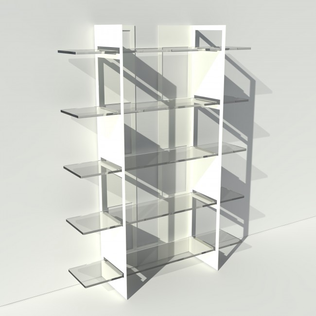 Etagère transparente design blanche en plexiglas et métal - Largeur 1,4 m x Hauteur 1,9 m ^