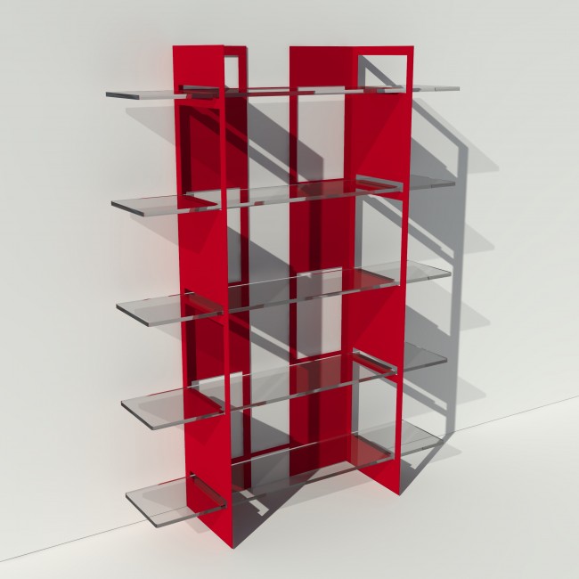 Etagère transparente design rouge en plexiglas et métal - Largeur 1,4 m x Hauteur 1,9 m ^