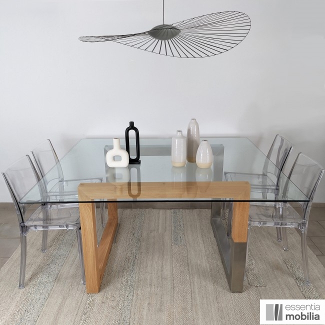 Table de repas en bois, verre et métal Harmonie, 1,7m x 1,7m