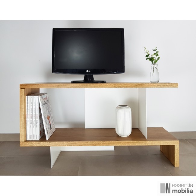 Meuble TV bois et blanc, réalisation sur mesure en bois massif, équerres laquées blanc - Haut 54 cm x Larg 100cm