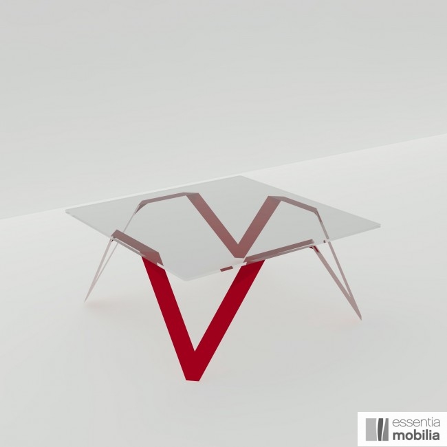 Table basse carrée rouge en verre et métal - 85 cm de côté - Cristalline