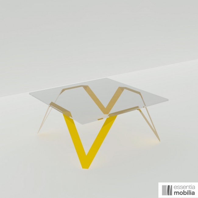 Table basse carrée jaune en verre et métal - 85 cm de côté - Cristalline