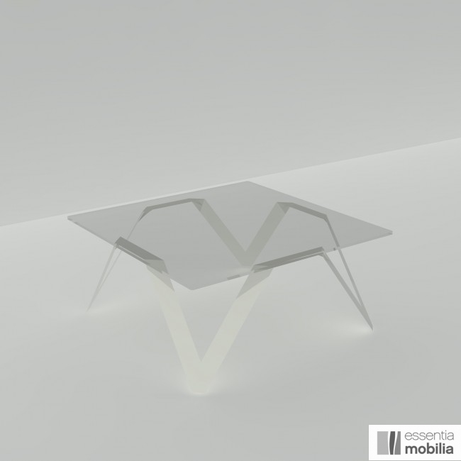Table basse carrée blanche en verre et métal - 85 cm de côté - Cristalline