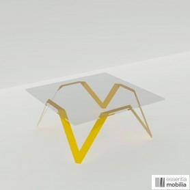 Table basse carrée verre et métal jaune 85 à 100 cm