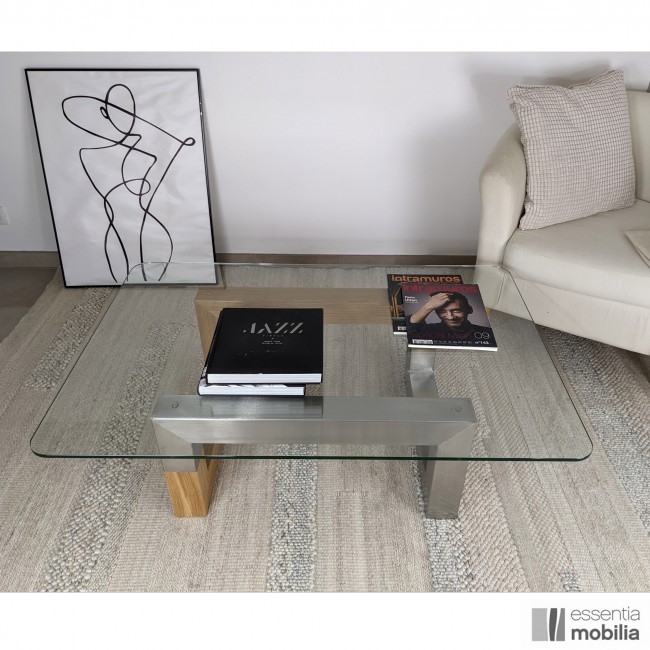 Table basse rectangulaire en chêne, verre et métal - Harmonie - Photo : plateau taille M (1,17 x 0,8)