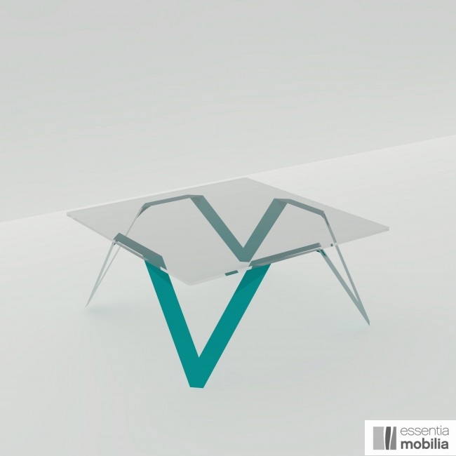 Table basse carrée vert canard en verre et métal - 85 cm de côté - Cristalline