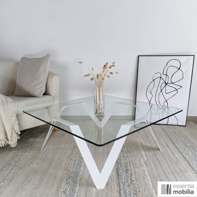 Table basse blanche carrée en verre et métal design - 100 cm de côté- Cristalline