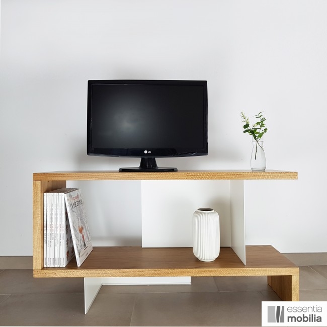 Meuble TV design blanc en bois massif et métal sur mesure - Swing TV