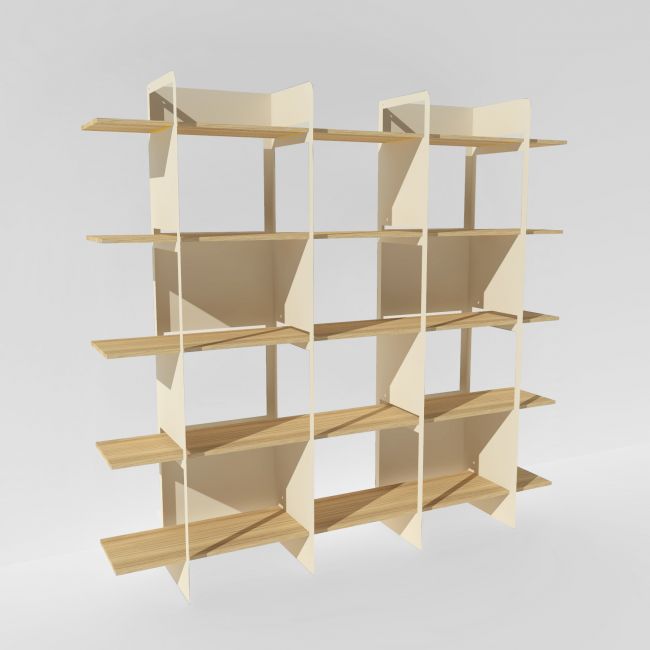 Grande bibliothèque bois massif et métal beige - 2 mètres de large - Crystal