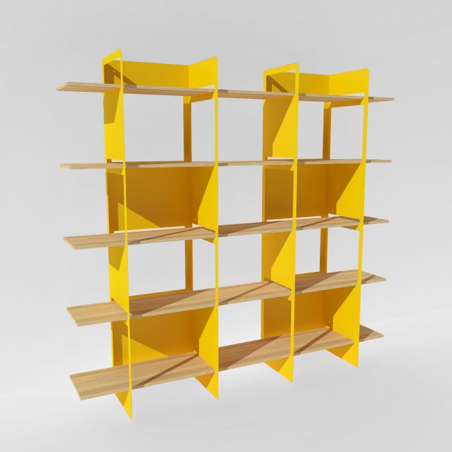 Grande bibliothèque bois massif et métal jaune - 2 mètres de large - Crystal