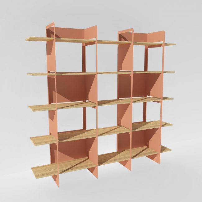 Grande bibliothèque bois massif et métal terracotta - 2 mètres de large - Crystal