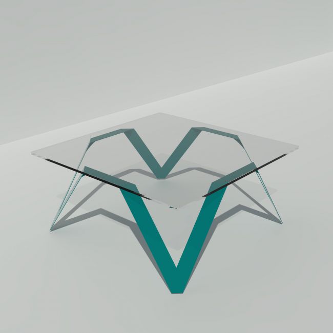 Table basse carrée vert canard en verre et métal - 85 cm de côté - Cristalline ^