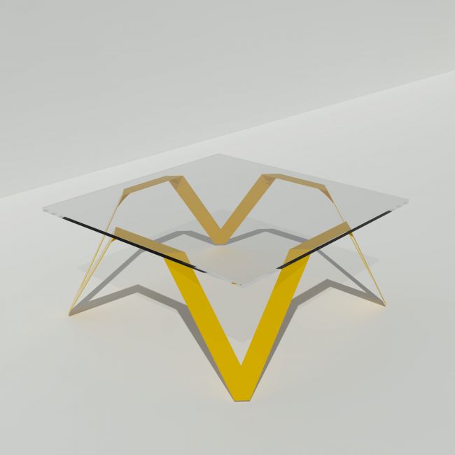 Table basse carrée verre et métal jaune - Plateau verre carré 85 cm - Cristalline