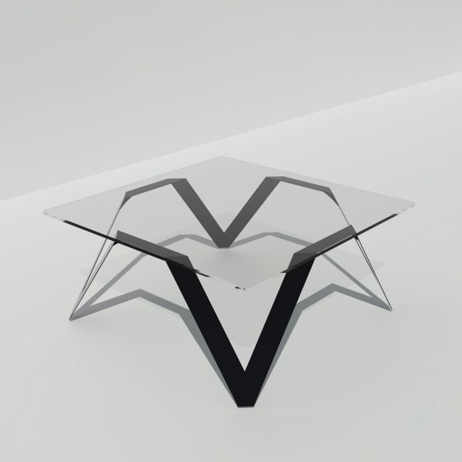 Table basse carrée verre et métal noire - Plateau verre carré 85 cm - Cristalline