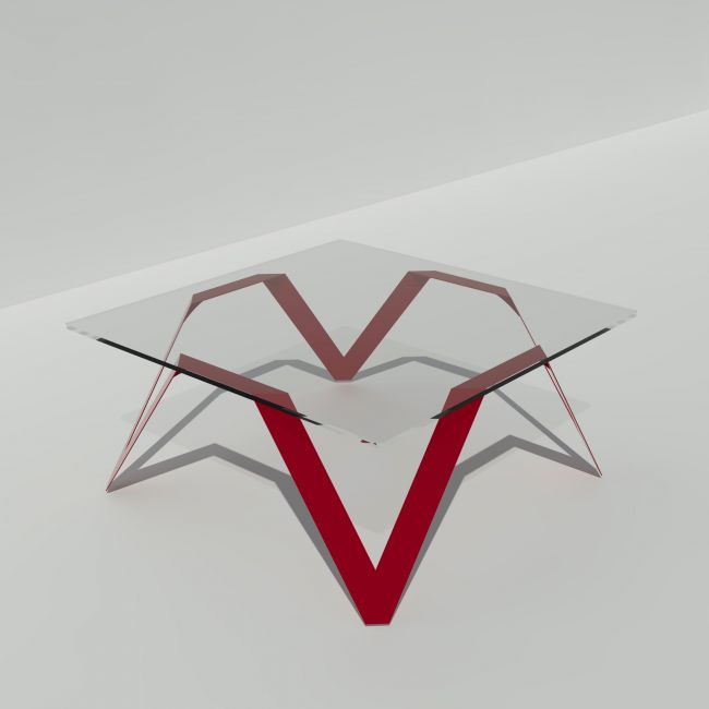 Table basse carrée verre et métal rouge - Plateau verre carré 85 cm - Cristalline