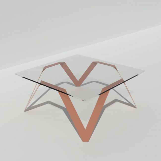 Table basse carrée verre et métal terracotta - Plateau verre carré 85 cm - Cristalline