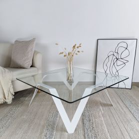 Table basse carrée verre et métal blanche 85 cm, 90 cm, 100 cm - Cristalline