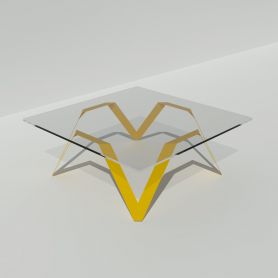 Table basse carrée verre et métal jaune 85 cm, 90 cm, 100 cm - Cristalline