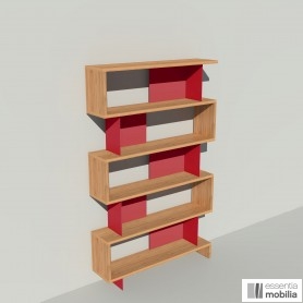 Bibliothèque bois multiplis et métal thermolaqué rouge