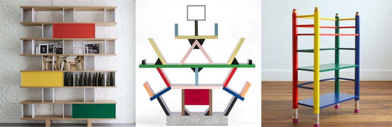 Bibliothèques très colorées - Nuage par Charlotte Perriand - Carlton par Ettore Sottsass - Crayon par Pierre Sala