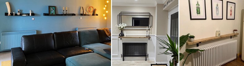 Etagères murales au dessus d'un radiateur avec décorations