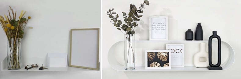 Etagère murale Delta + et étagère murale arrondie Capsule - Fixation au dessus d'un radiateur