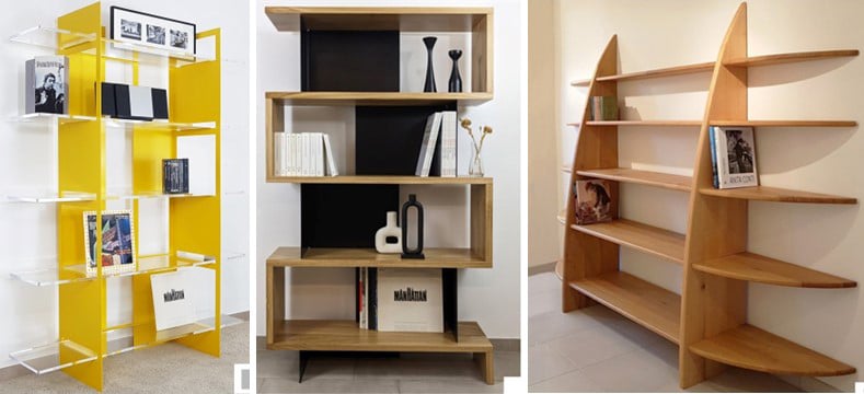 Bibliothèques sur mesure Essentia MOBILIA - Bibliothèque Pixel - Bibliothèque bois et métal Swing - Bibliothèque bois massif Voile