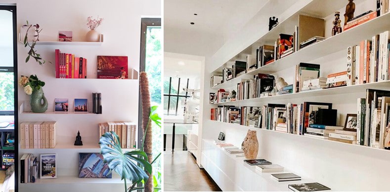 Composition graphique déco dans son couloir avec des étagères murales - Crédits Essentia Mobilia + Pinterest