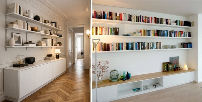 Associer un meuble bas avec des étagères murales flottantes pour son couloir
