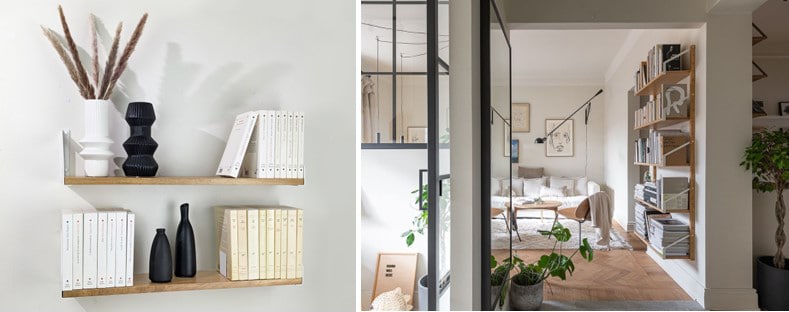 Choisir des étagères fines et peu profondes pour son couloir - Crédits Essentia Mobilia + Pinterest