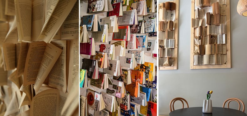 Décoration murale avec des livres : guirlandes, pages de livres...