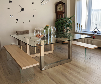 Table repas verre bois métal et bancs verre et métal