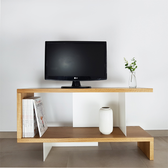 Meuble TV en bois massif et métal sur mesure blanc - Swing TV