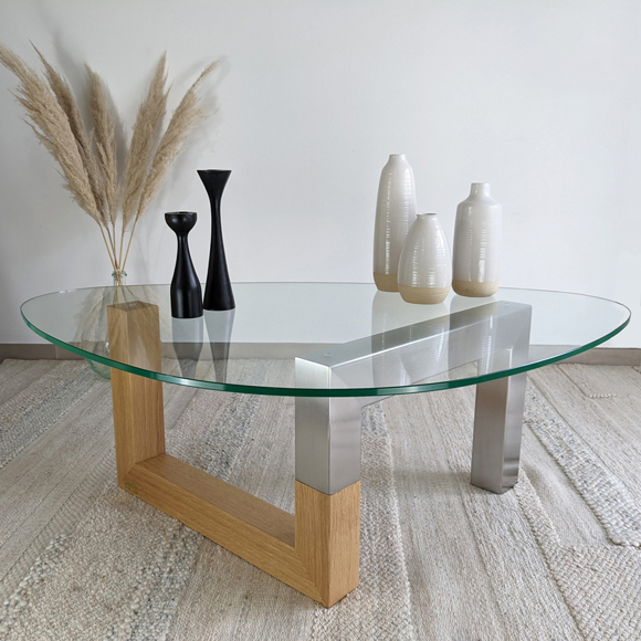 Table basse verre bois métal plateau organique designer - Alliance par Essentia Mobilia