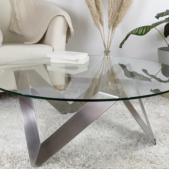 Table basse verre trempé inox brossé plateau organique sur mesure - Etincelle - Essentia Mobilia
