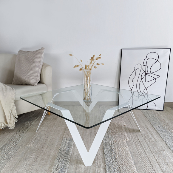 Table basse verre trempée metal laqué blanc plateau carré Cristalline par Essentia Mobilia