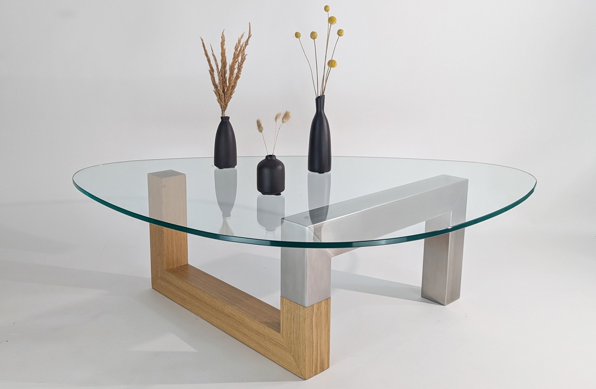 Table basse Alliance haut de gamme en verre, bois et métal