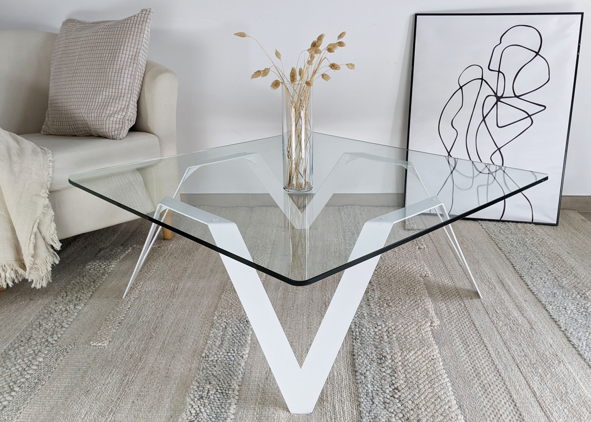 Table basse blanche carrée verre et métal Cristalline by Essentia Mobilia
